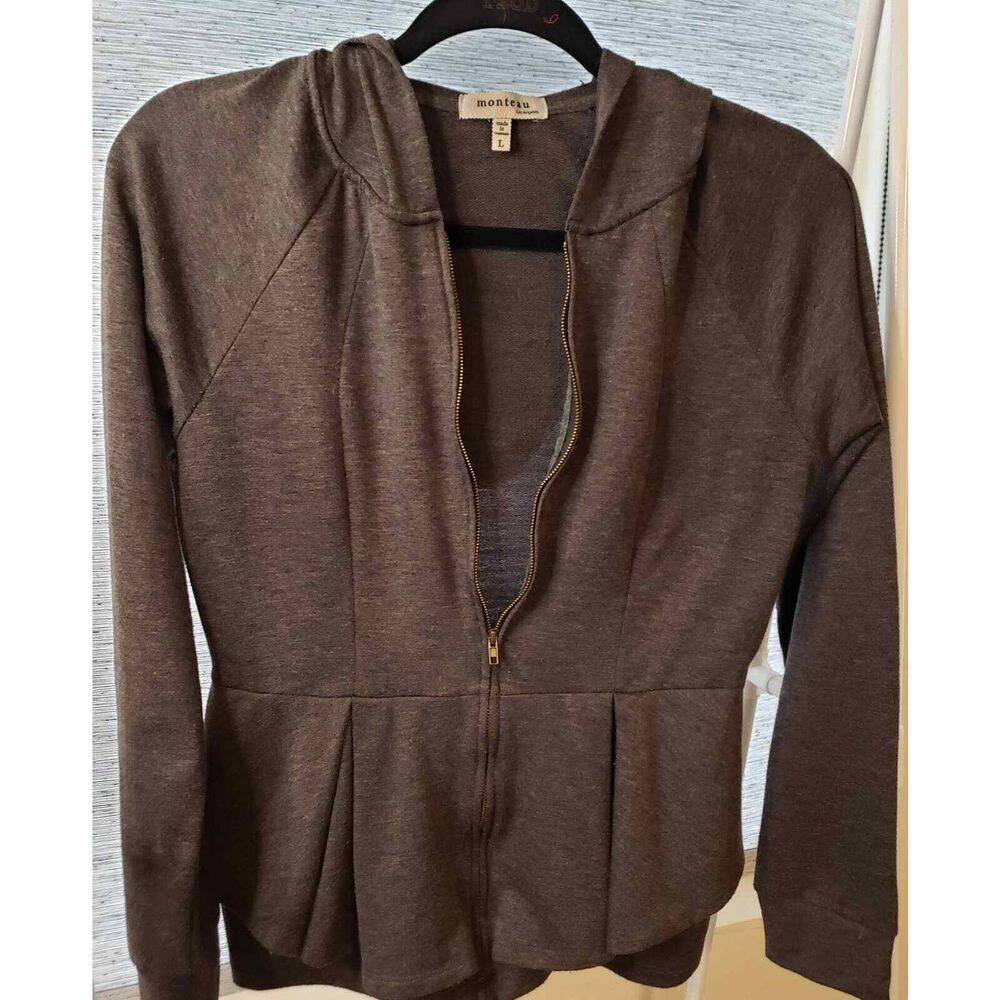 Sweatshirt Hooded Ruffle bottom drop waist Zip Up Monteau Dark Gray Size Large